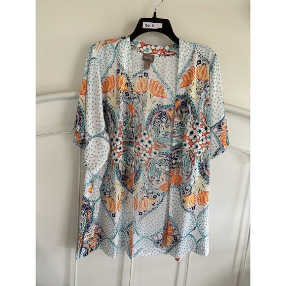 Chicos Flowy Floral Open Shirt Tunic Size 1 Orange Blue Cruise Resort - Picture 2 of 5